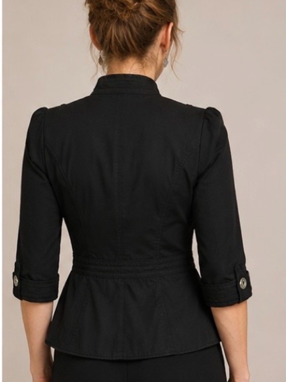 White House Black Market fitted black military utility jacket rivet bow details - Picture 3 of 10